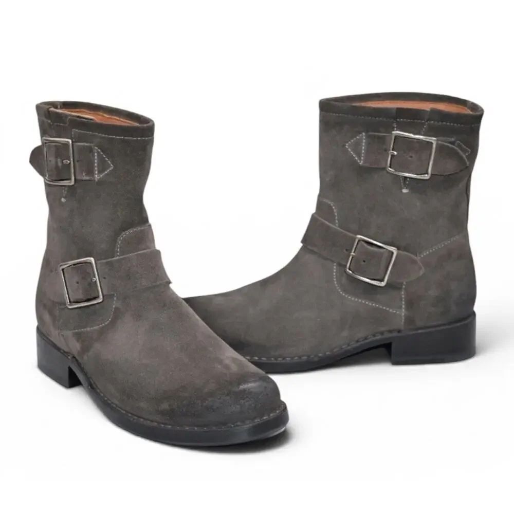 Frye Vicky Engineer Moto Boots Charcoal Gray Suede Zip Ankle Boots Size 6B
